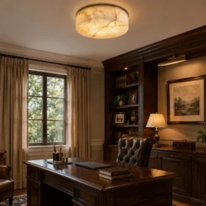 Modern alabaster round flush mount light installed in traditional home office with dark wood furniture and vintage luxury decor
