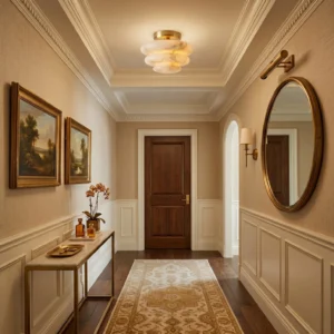 Alabaster ceiling mount installed in luxury hallway corridor - warm ambient light - neoclassical luxury interior design