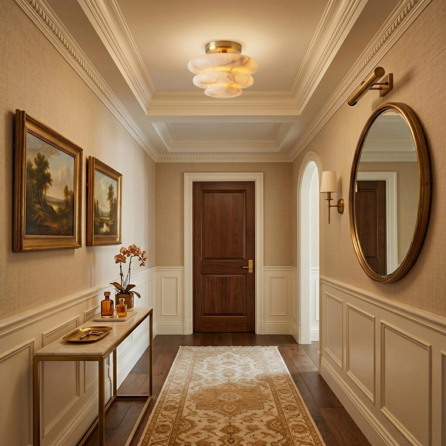 Alabaster ceiling mount installed in luxury hallway corridor - warm ambient light - neoclassical luxury interior design