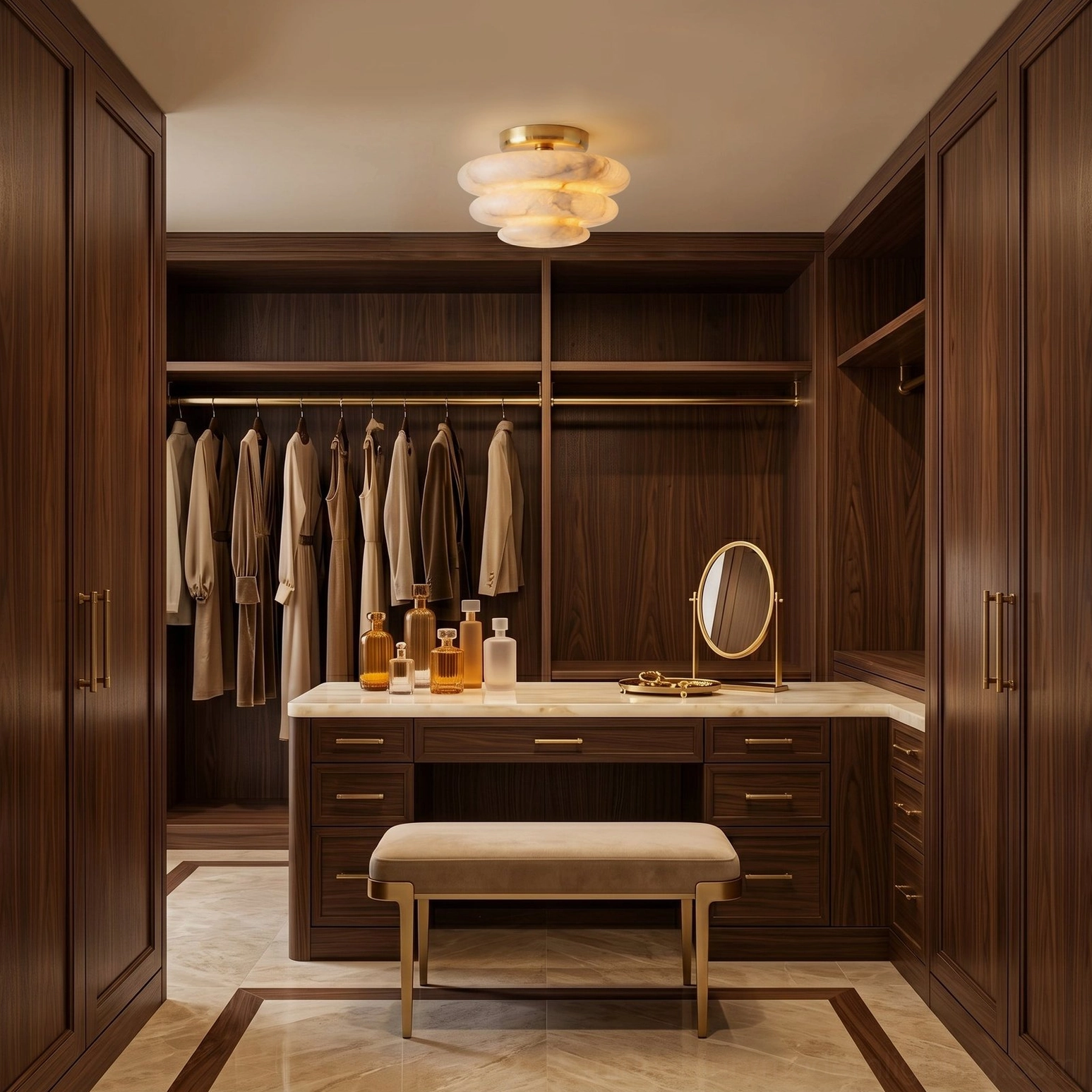 Alabaster ceiling light in minimalist walk-in closet - dark wood cabinetry - brushed brass hardware accent