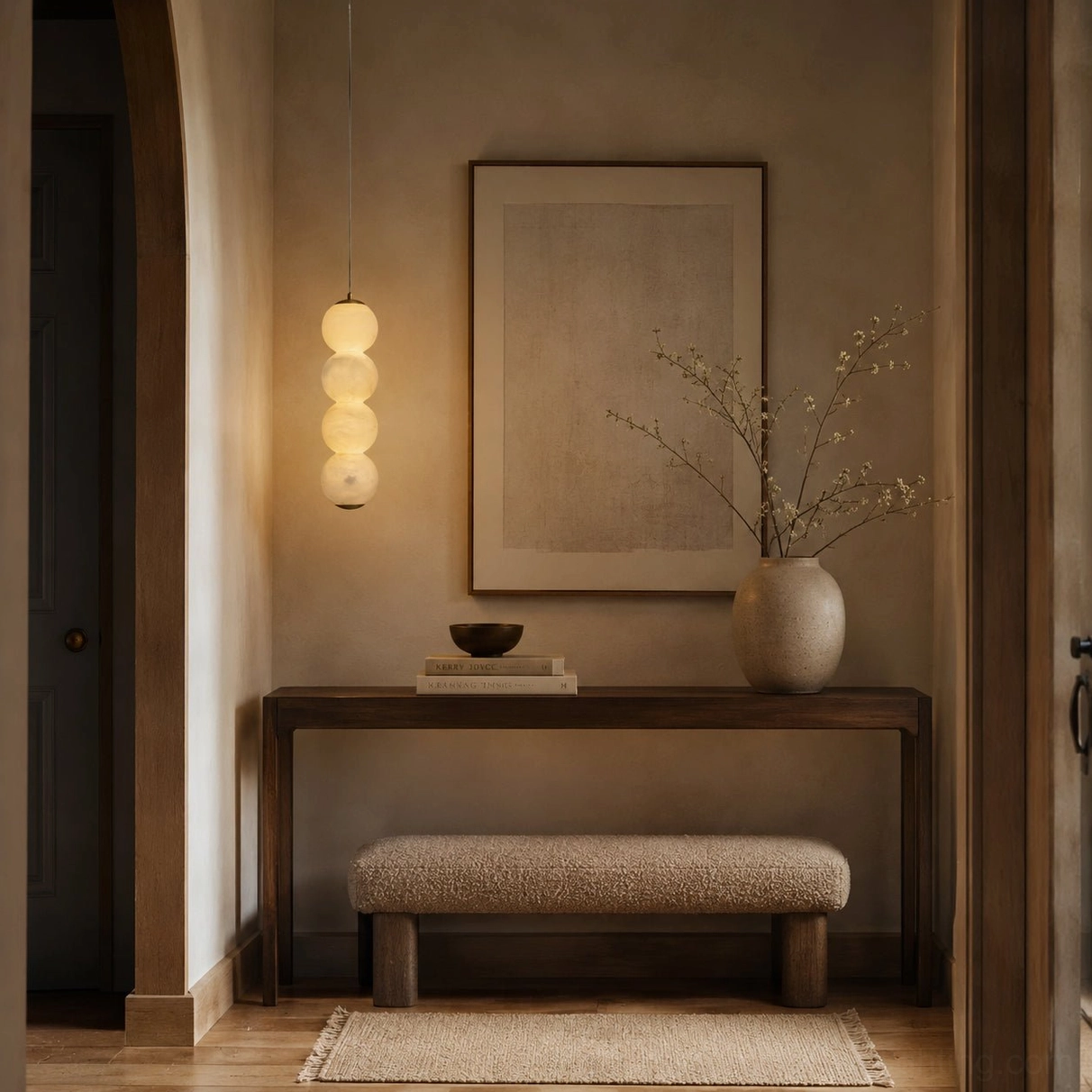 Alabaster pendant light illuminating entryway console table and bench warm neutral tones