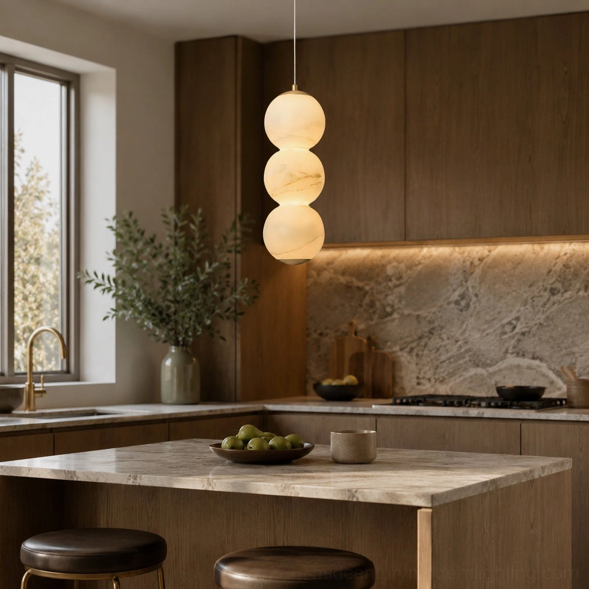 Modern stacked globe pendant fixture above marble kitchen island neutral warm design