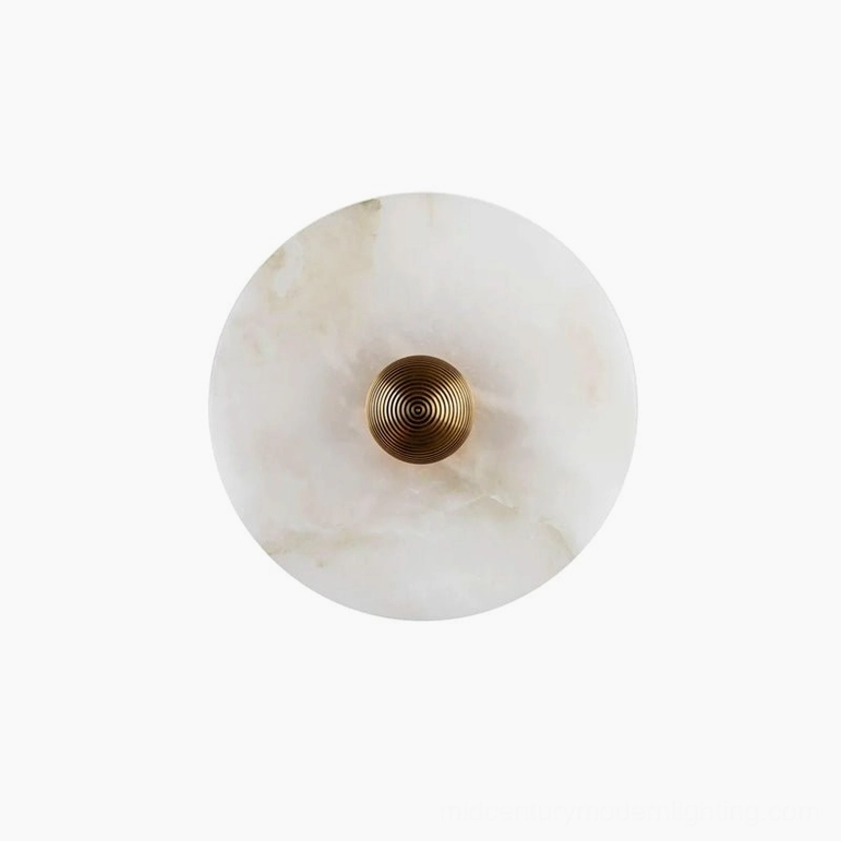 Medium (9.8 inch) round alabaster light, gold and white metal frame, warm lustrous finish