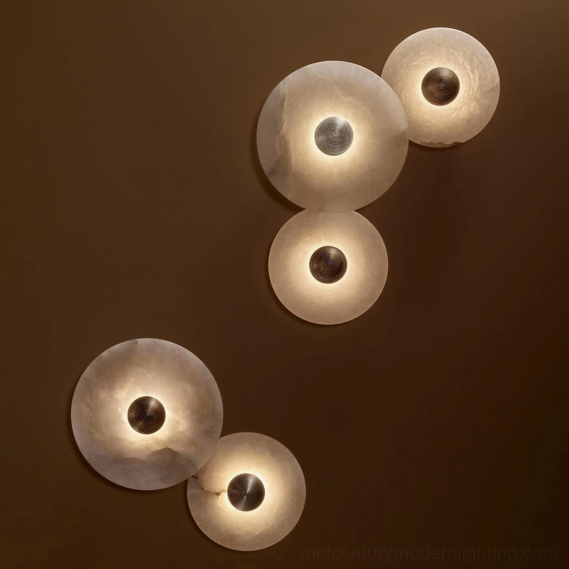 Round alabaster light ceiling mount installation, downward-facing orientation, integrated LED illumination