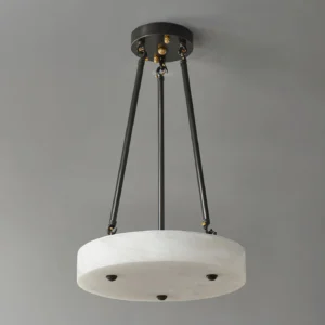 Mid-century modern alabaster pendant with matte black metal frame, unlit detail shot