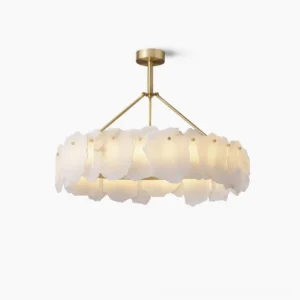 Alabaster petal chandelier with brass hardware front view on white background - mid-century modern lighting fixture