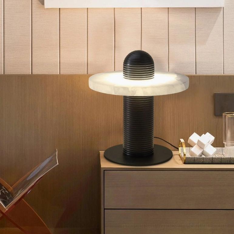 Alabaster Planes Table Lamp on wooden nightstand in modern bedroom setting with warm lighting ambiance