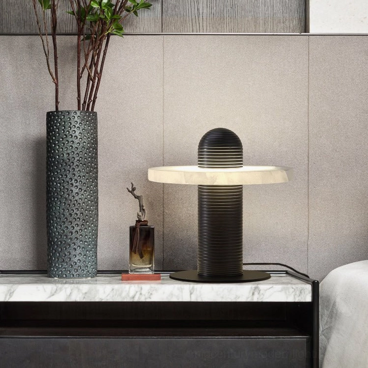 Black Alabaster Planes Table Lamp sculptural design on high-end apartment countertop with modern decor accessories