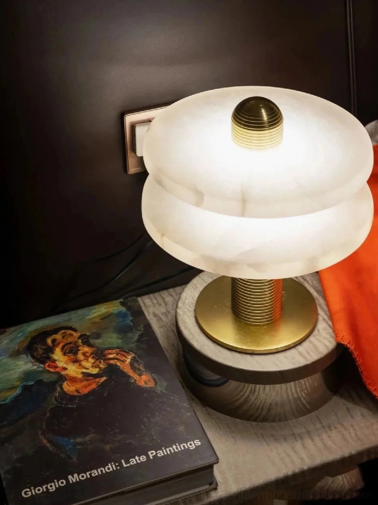 Alabaster Planes Table Lamp with integrated LED showing translucent alabaster glow and architectural metal construction