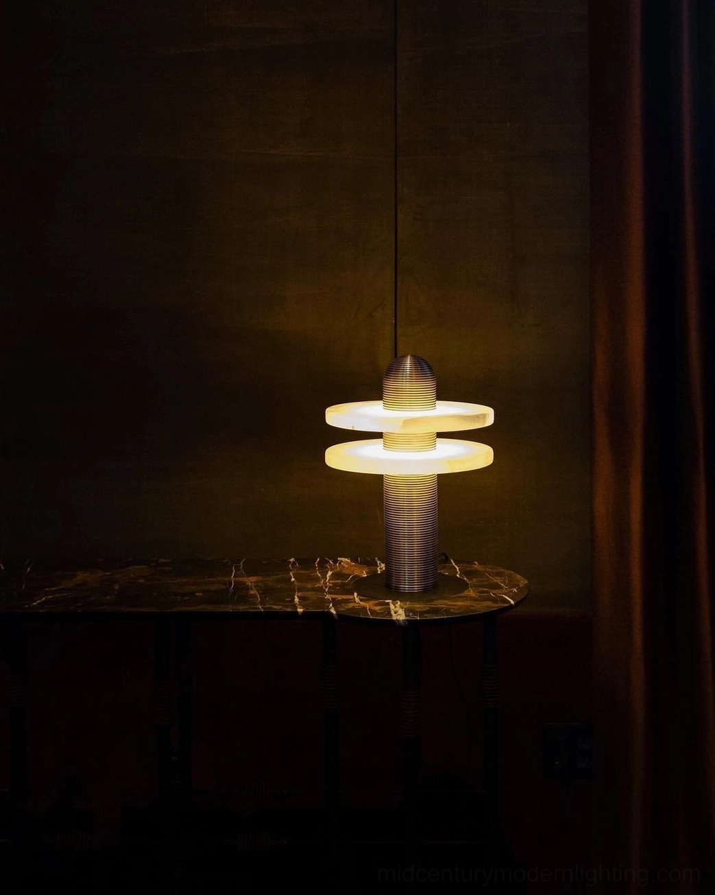 Mid-century modern Alabaster Planes Table Lamp showing natural alabaster stone veining and sculptural metal elements