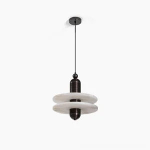 Alabaster planes pendant lamp with geometric fluted design, front studio view showing matte black hardware and translucent white alabaster stone construction