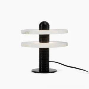 Alabaster Planes Table Lamp with dual white alabaster shades and black fluted metal frame, front view on white background