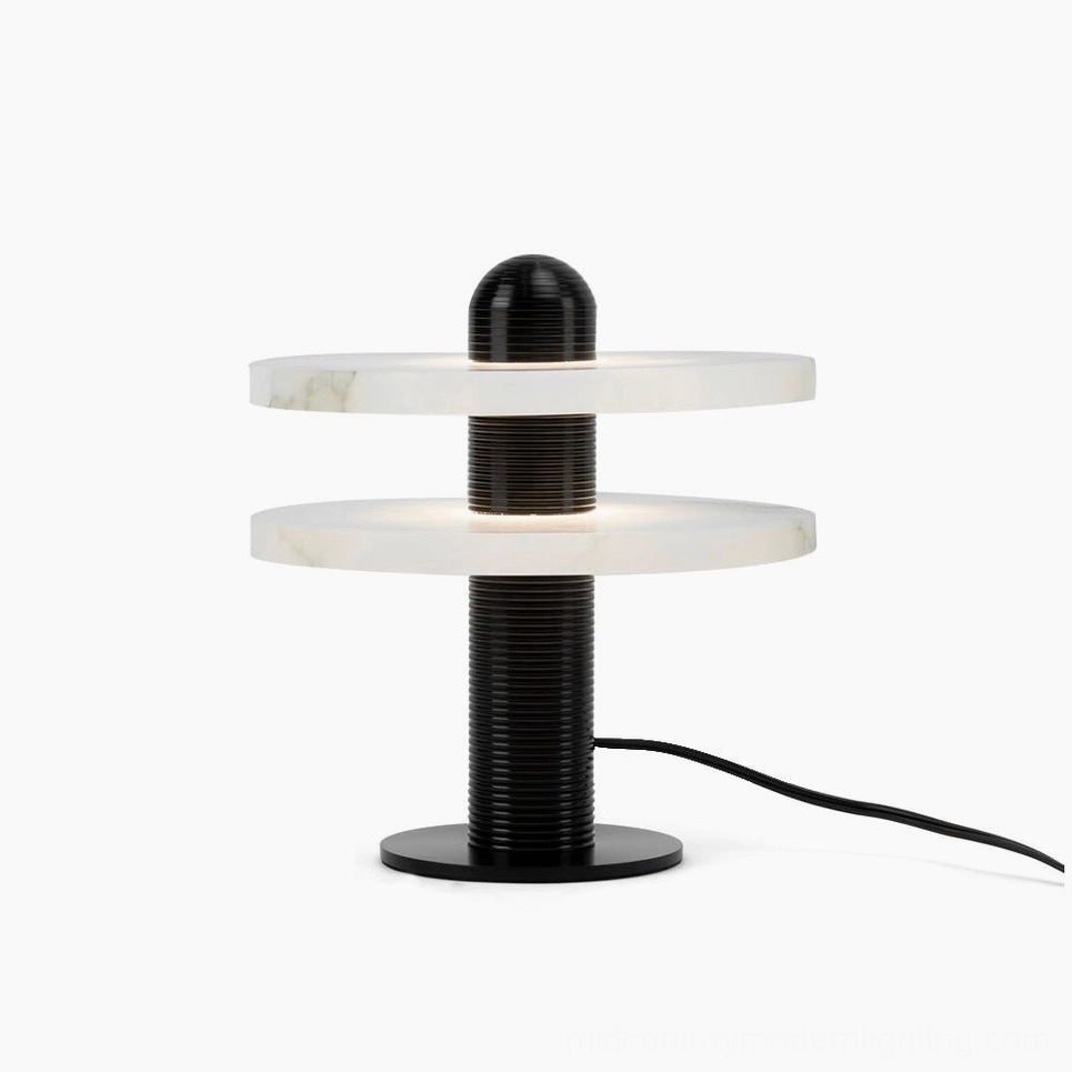 Alabaster Planes Table Lamp with dual white alabaster shades and black fluted metal frame, front view on white background