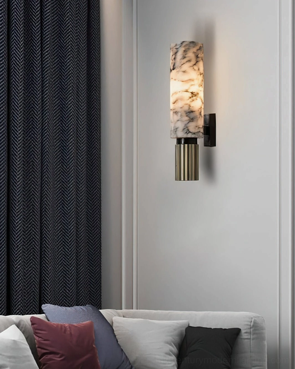 Alabaster wall sconce architectural detail showing geometric cylindrical design and mounting system