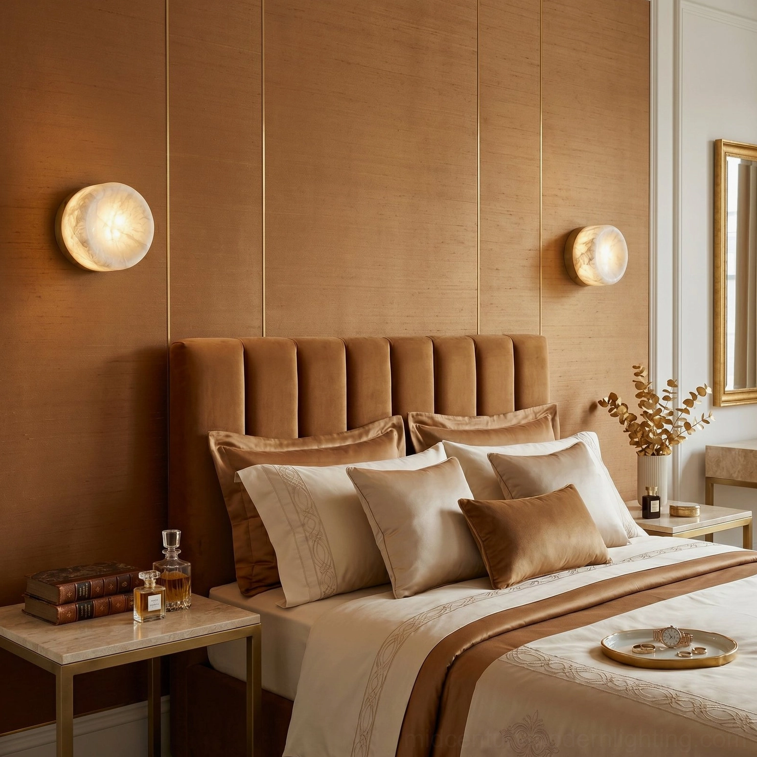 Paired alabaster wall sconces flanking bedroom headboard above tufted velvet bed with warm ambient lighting