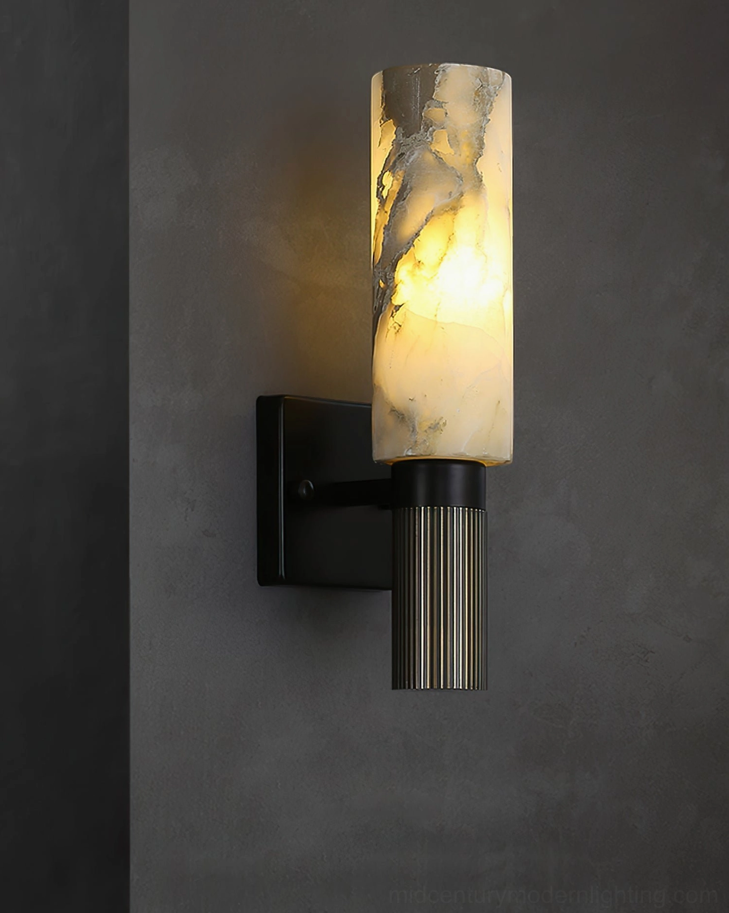 Natural alabaster marble lamp shade closeup showing organic stone texture and fossil impressions