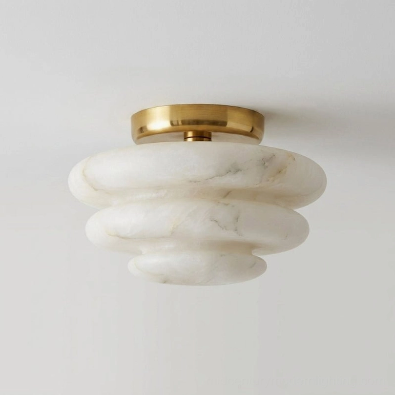 Alabaster tiered ceiling flush mount modern organic lighting - geometric stacked design - brushed brass hardware