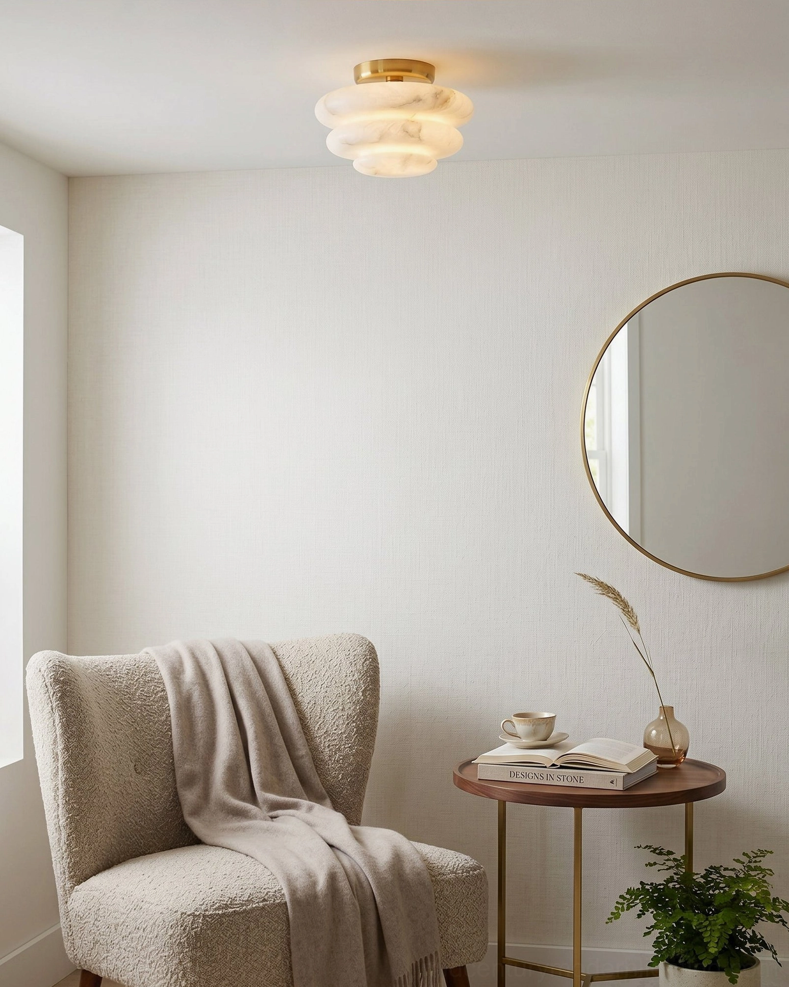 Alabaster tiered flush mount ceiling light - close-up product detail - translucent stone texture - brass canopy