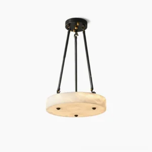 Alabaster tripod pendant lamp with brass frame, front-top studio view showing geometric design