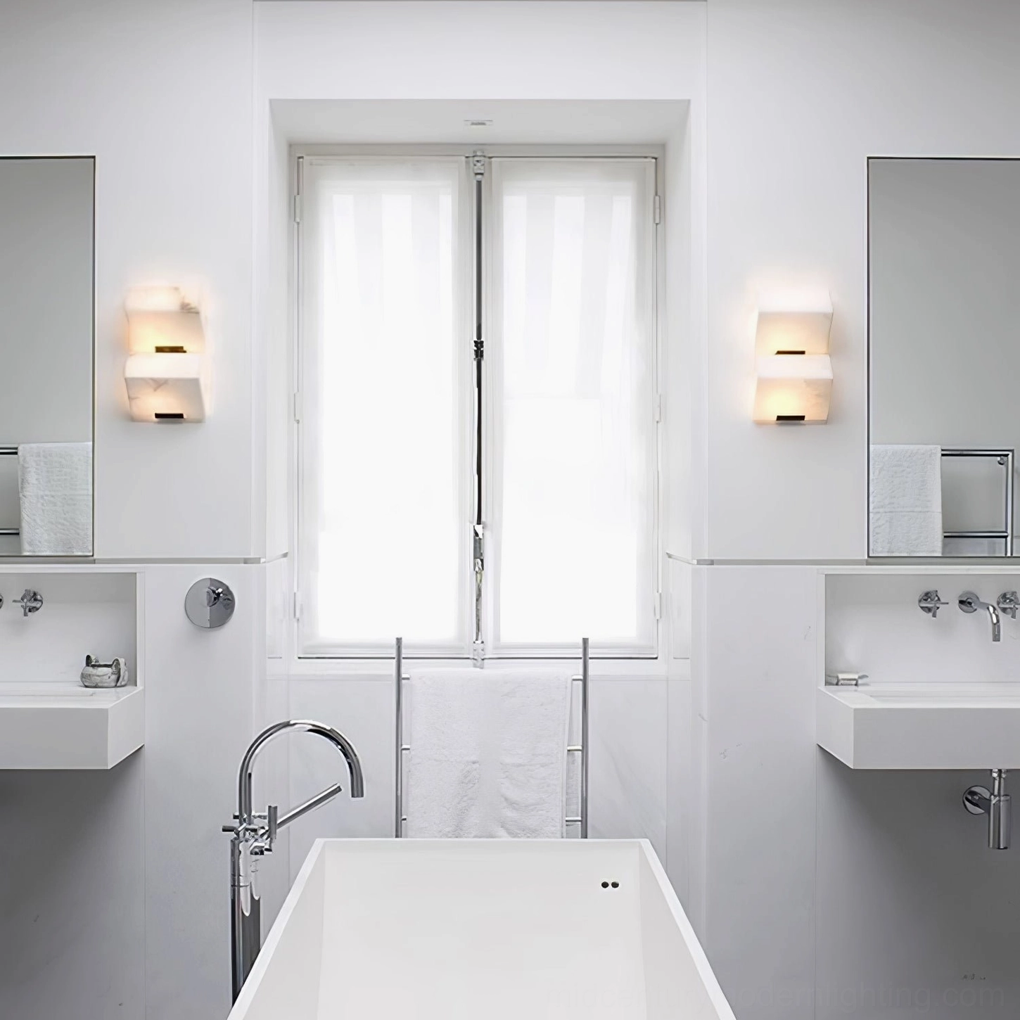 Sculptural alabaster wall lamp accent lighting illuminating architectural wall features with warm white LED glow