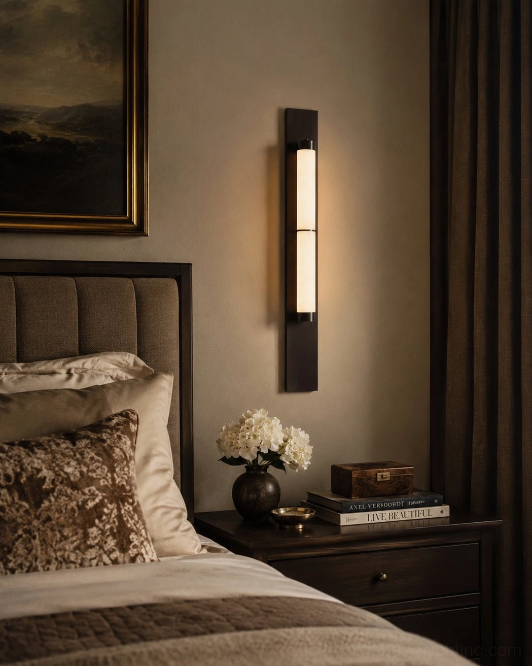 Long alabaster wall lamp in master bedroom bedside area with tufted headboard luxury setting