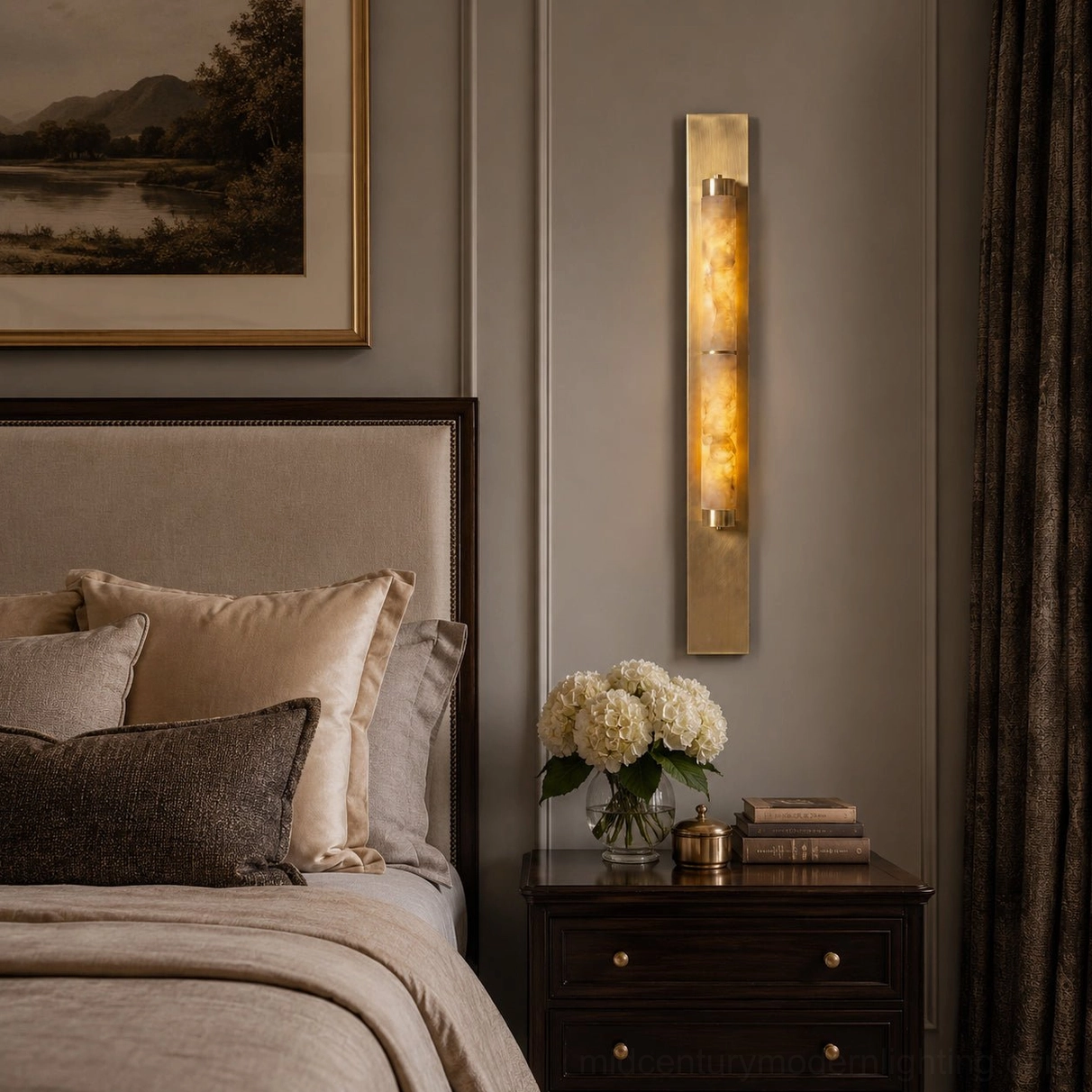 Golden base alabaster wall lamp in master bedroom corner soft luxury neutral bedroom style
