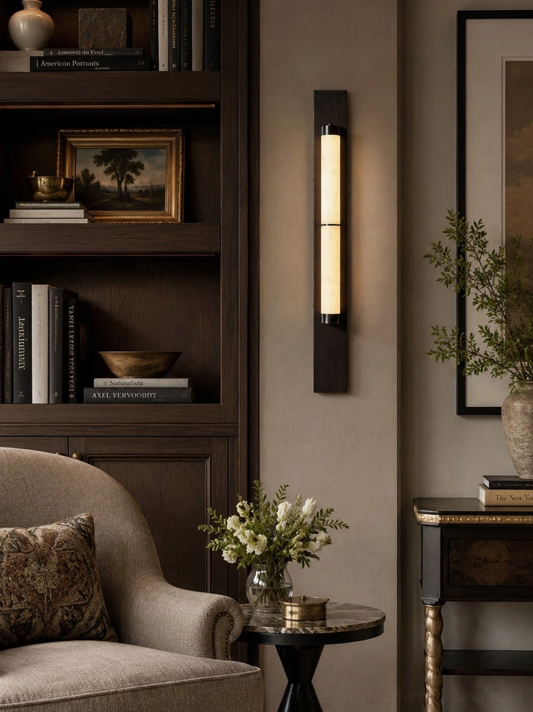 Dark strip alabaster wall lamp in cozy reading corner with bookshelf and traditional warm decor