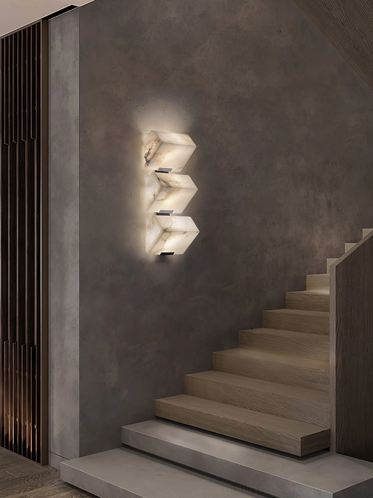Alabaster wall lamp close-up detail showing natural stone veining and warm light diffusion through translucent alabaster