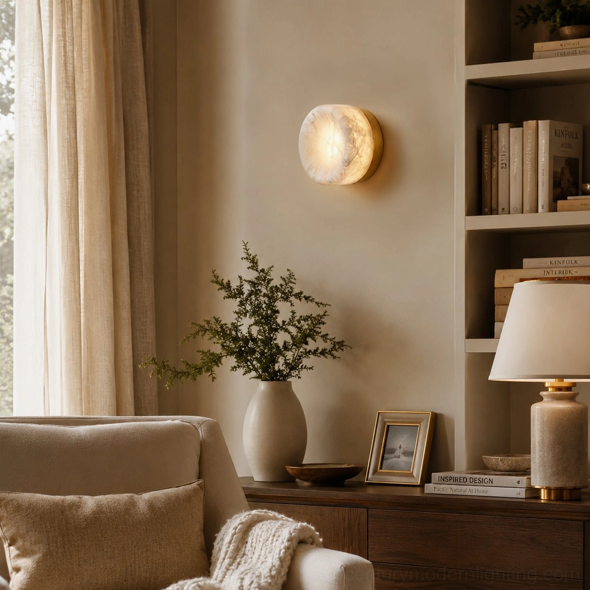 Warm glowing alabaster sconce in home library reading nook above cozy armchair with built-in bookshelves