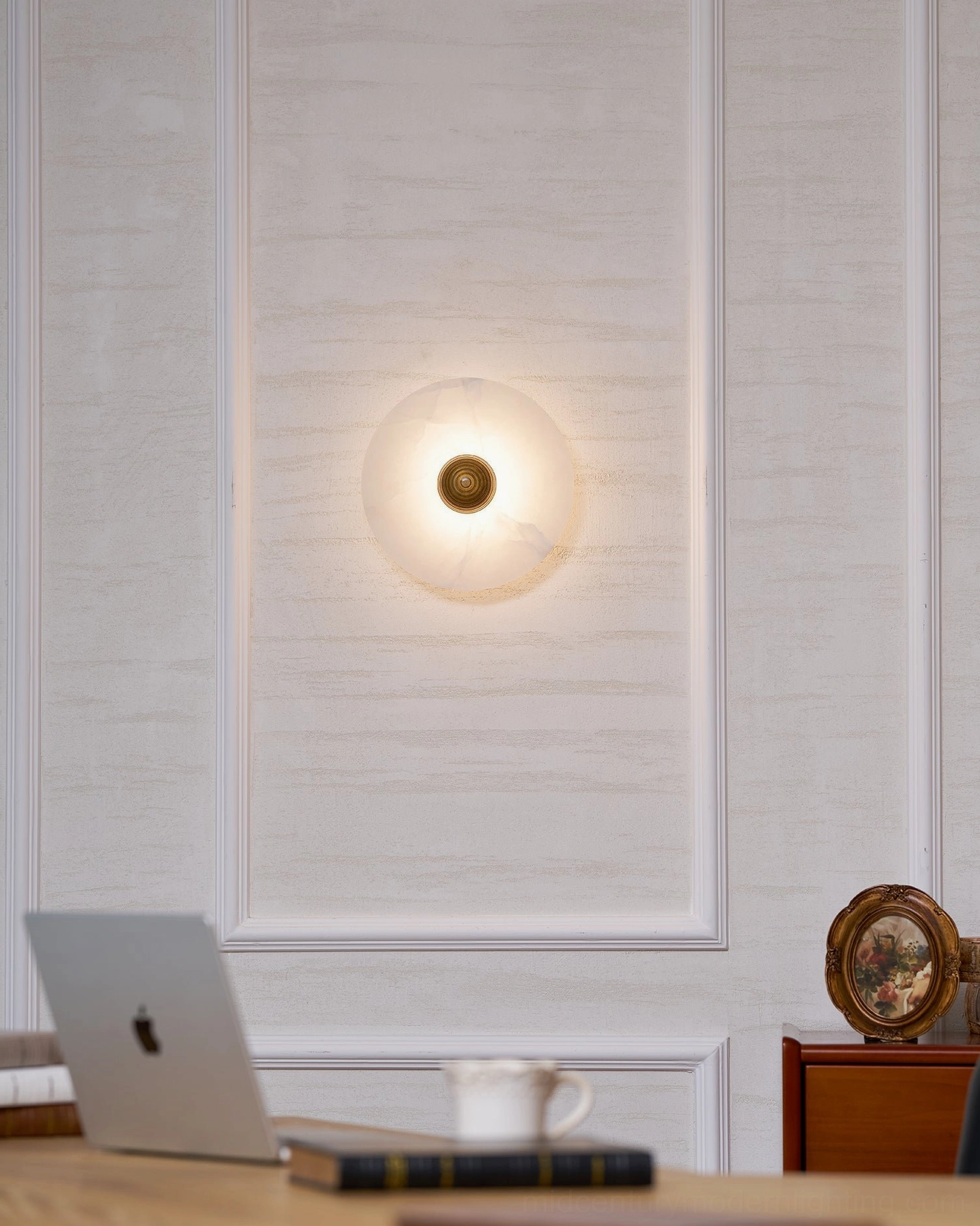 Medium size alabaster wall light (9.8 inches) in entryway, welcoming warm glow, refined aesthetic