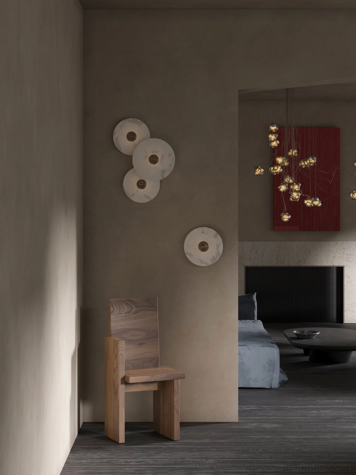 Warm-toned living room corner with clustered alabaster wall lights, beige walls, wooden furniture accents