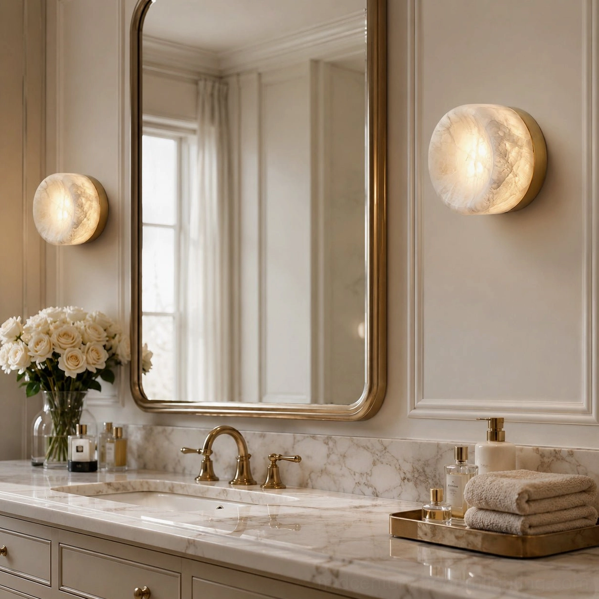 Warm alabaster sconce installed as bathroom vanity lighting above marble countertop with gold-framed mirror, eye-level perspective