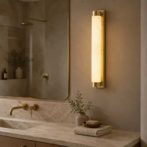 Langham stone wall sconce installed in luxury bathroom vanity with brass fixtures and large mirror, ambient warm lighting