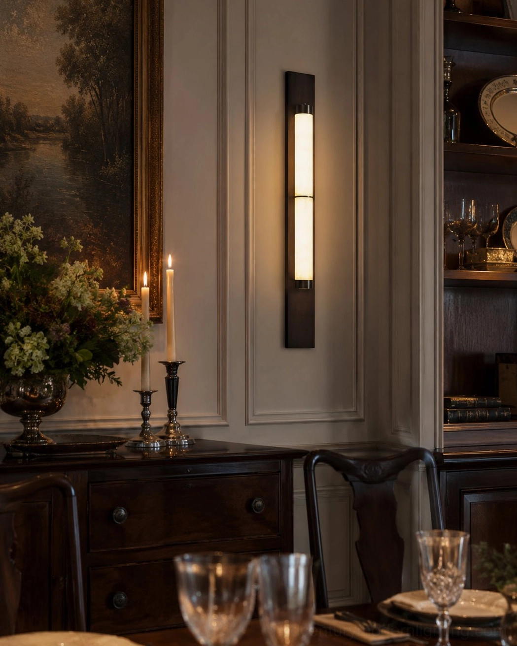Black alabaster wall sconce in formal dining room sideboard space with luxury candle styling