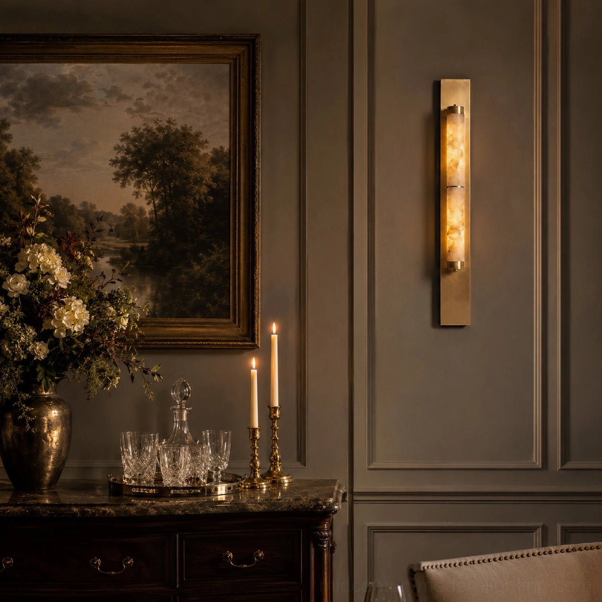 Golden base columnar alabaster sconce in luxury dining room sideboard vintage traditional decor
