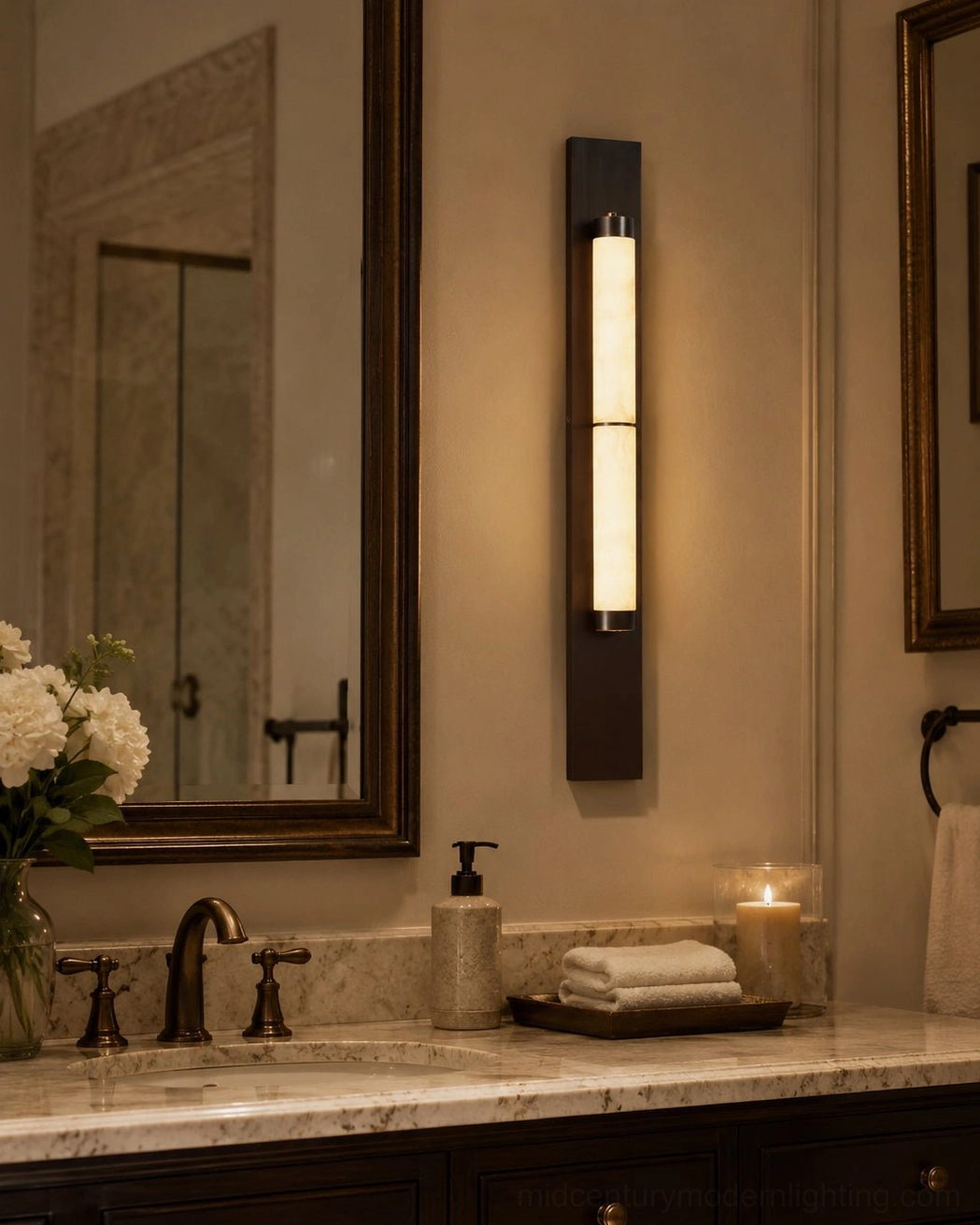 Long alabaster wall sconce in marble bathroom vanity with warm neutral luxury design
