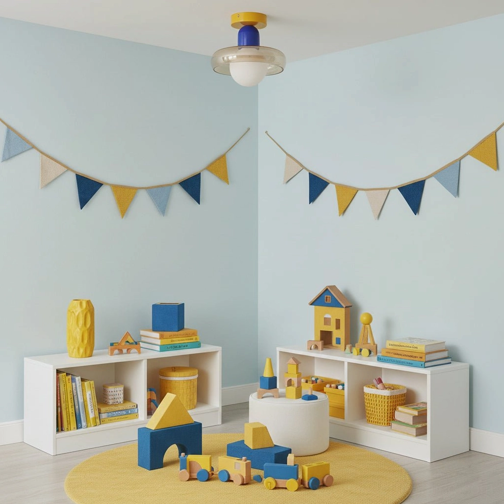 Alabax retro ceiling light installed in playful blue children's room