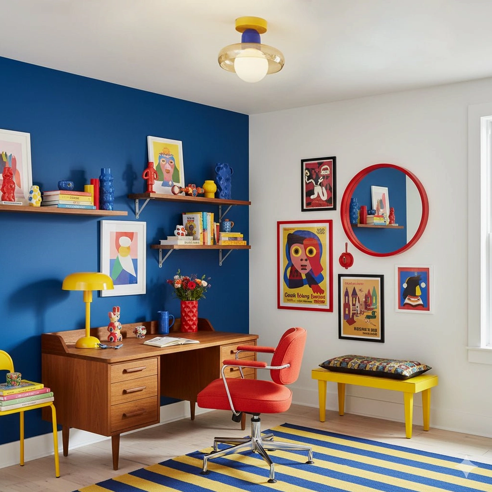 Colorful retro ceiling fixture in vibrant blue home office workspace