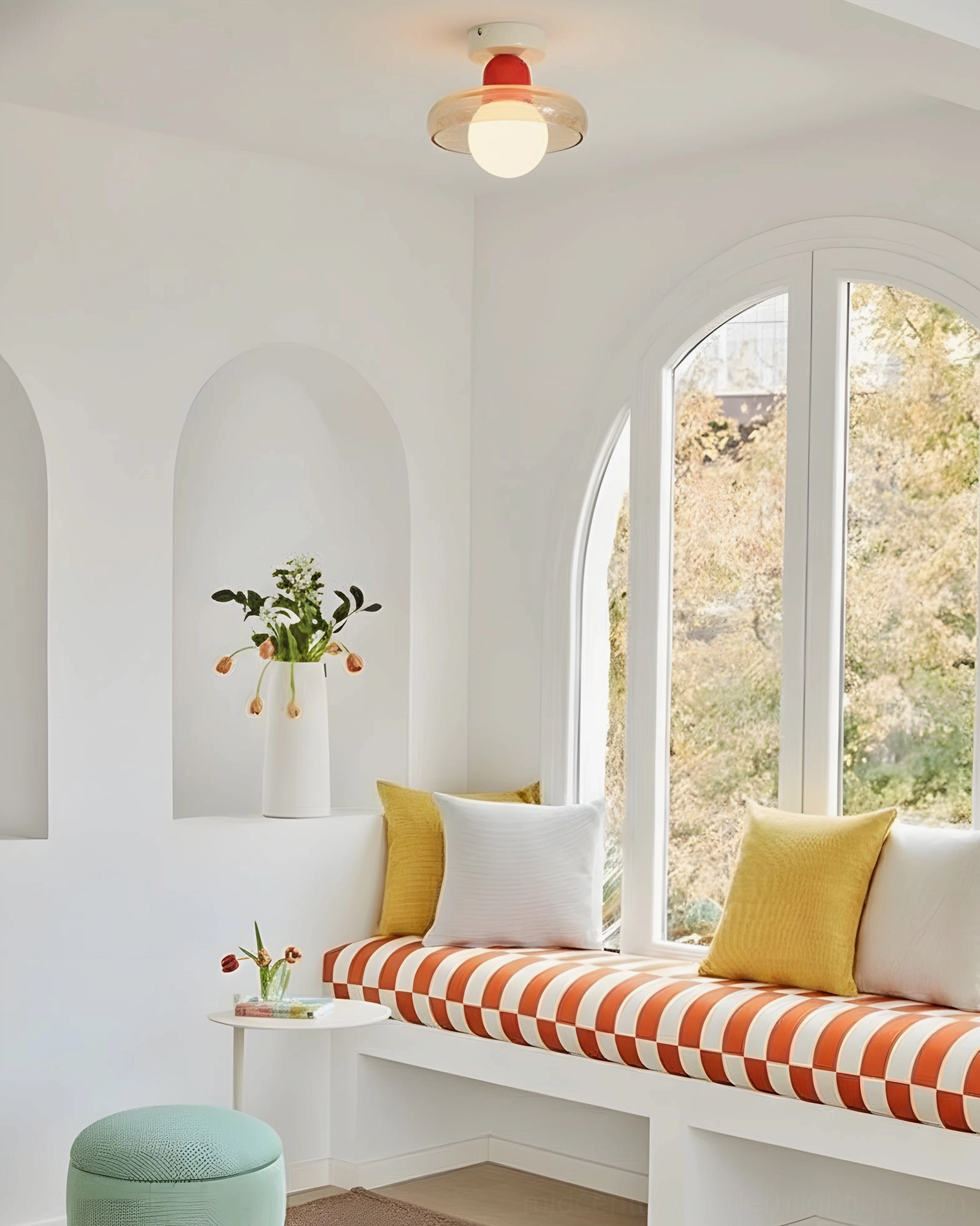 Alabax red-top ceiling light in sunlit home nook with modern furnishings
