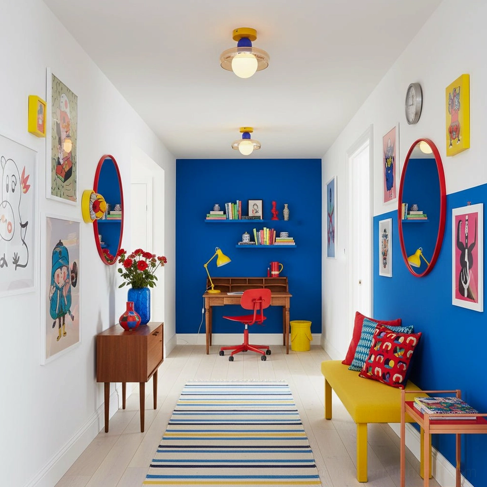 Yellow geometric ceiling light in mid-century modern home corridor