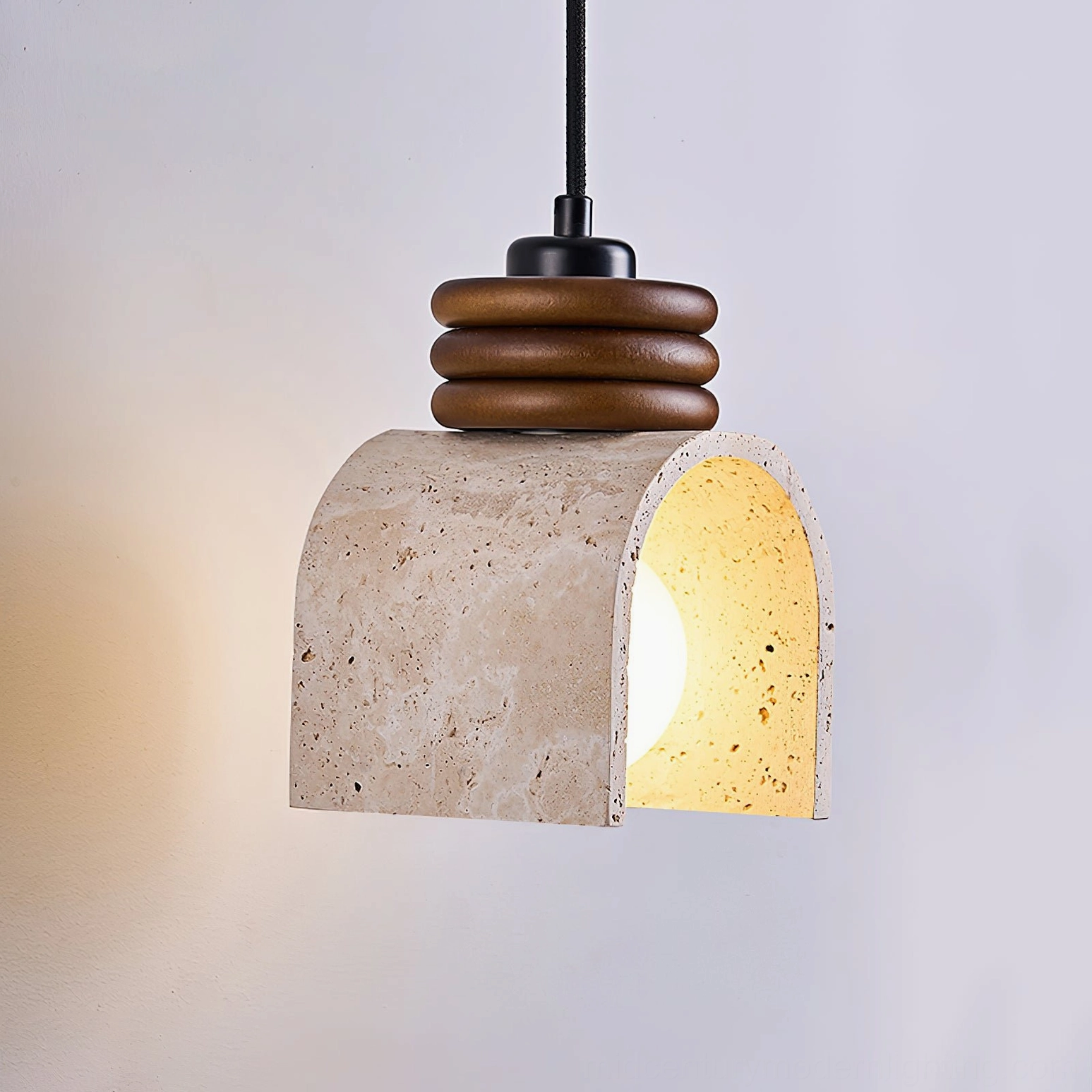 Alagusmo mid-century modern pendant lamp front side three-quarter showing sculptural travertine and wood craftsmanship