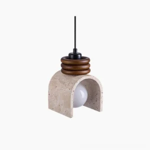 Alagusmo travertine arch pendant lamp front top-down view with stacked walnut wooden rings and matte white globe bulb