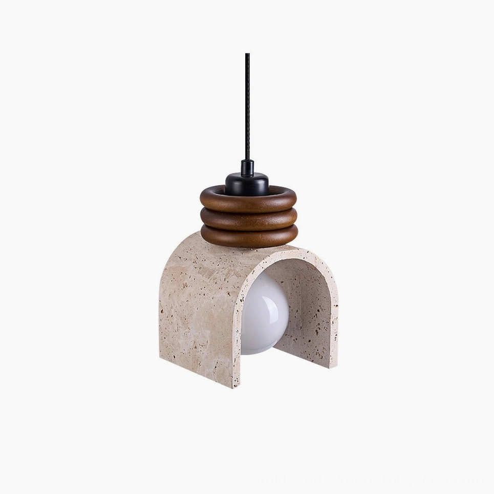 Alagusmo travertine arch pendant lamp front top-down view with stacked walnut wooden rings and matte white globe bulb