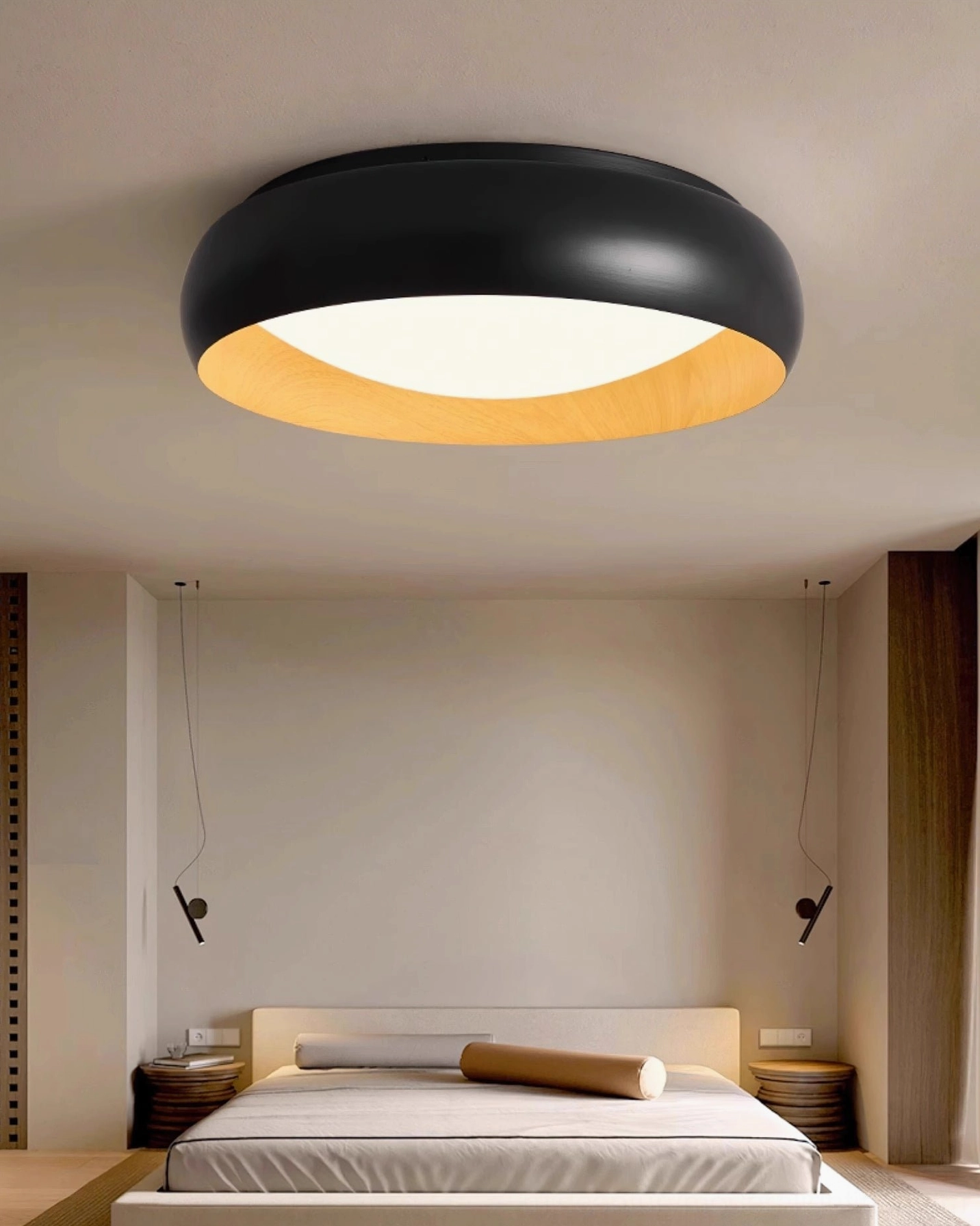 Warm-glowing Alamus black flush ceiling lamp in neutral tone master bedroom with wabi-sabi aesthetic