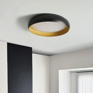 Modern black and wood Alamus ceiling light installed in minimalist apartment, overhead close-up detail shot