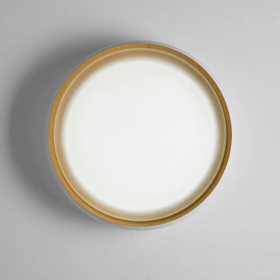 Alamus modern ceiling light showing matte frame and warm golden interior illumination