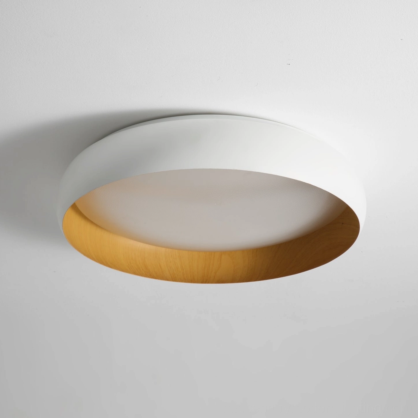 Alamus white round flush mount ceiling light with natural wood trim and acrylic diffuser front view