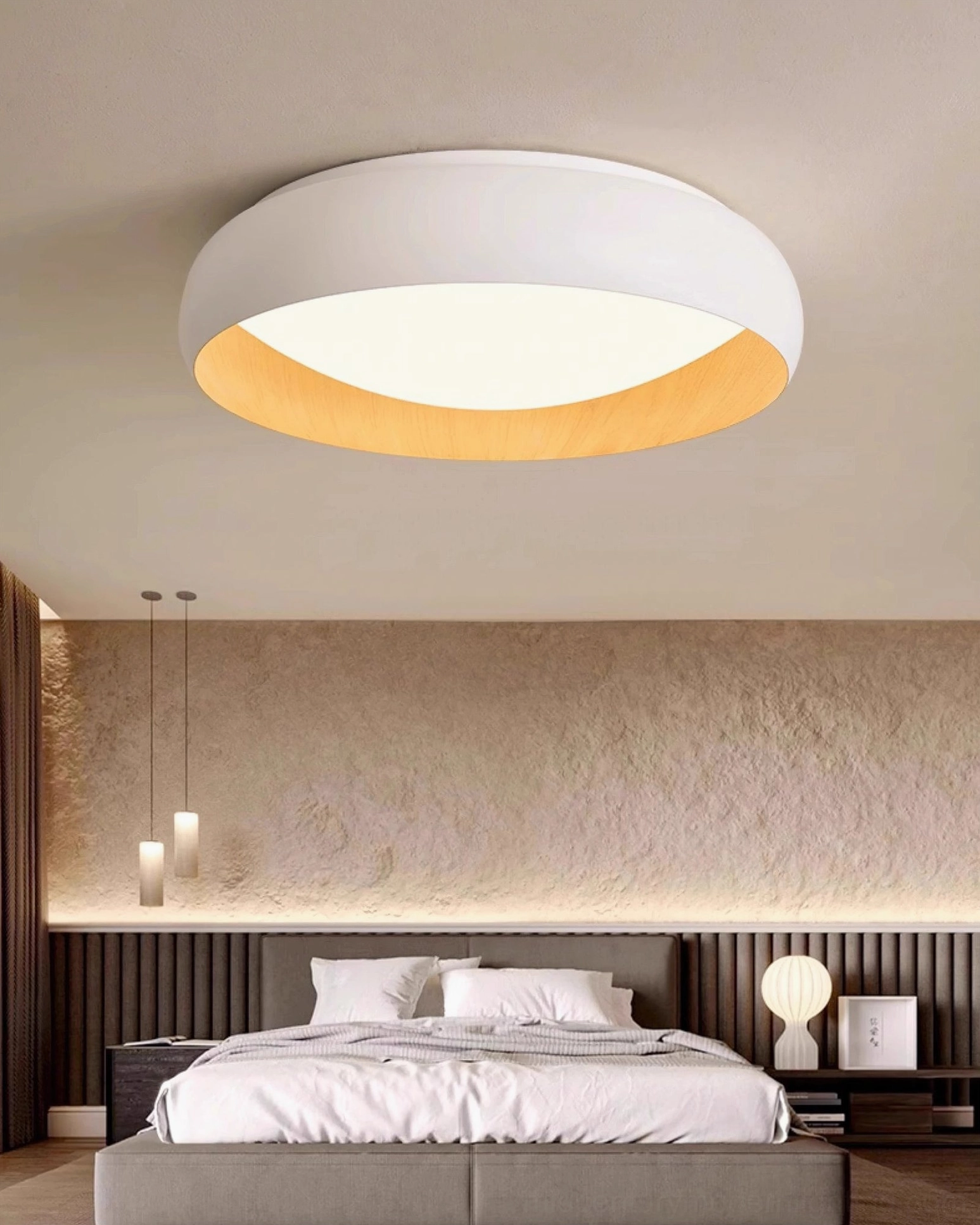 Soft warm Alamus ceiling light in white finish with natural wood trim, wabi-sabi style bedroom setting