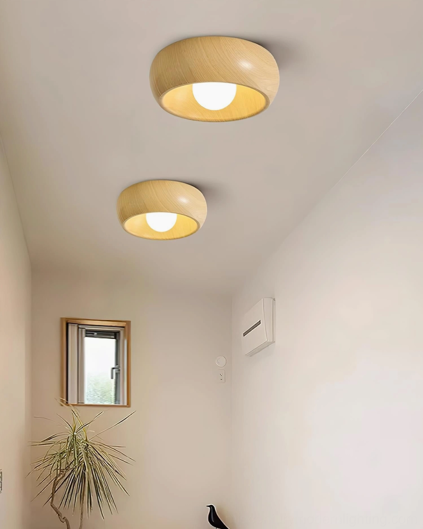 Light beige wood Alana flush mount ceiling light in modern narrow hallway with small window