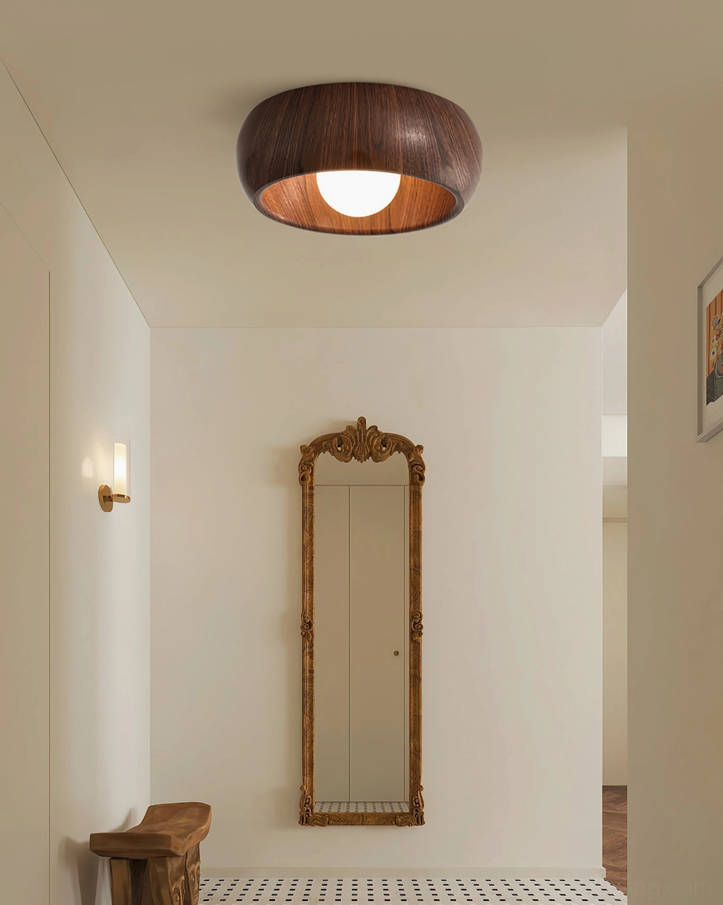 Alana wood ceiling light installed above vintage mirror in minimalist entryway corridor